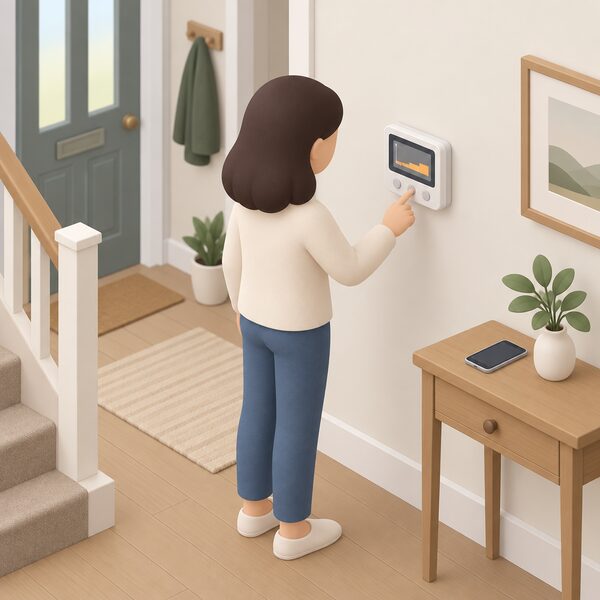 A wall-mounted miGenie-style heating controller in a home hallway, its small display showing a plain schedule block, with a simplified figure pressing its buttons by hand while a phone lies unused on a side table nearby.