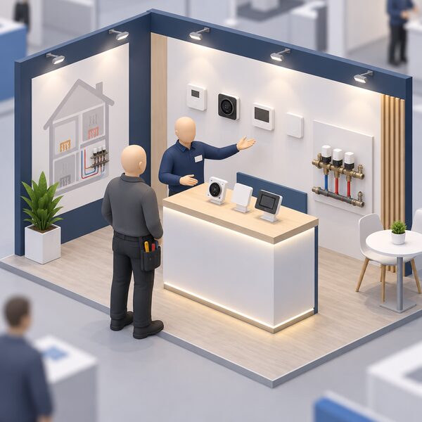 A simplified installer figure stands at a trade exhibition stand watching a demonstrator present heating controls on a display counter, with wall-mounted control panels and a small zoning setup on show, capturing the product training scene at the exhibition.