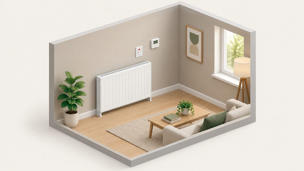 A white electric panel radiator standing against a living room wall, with a slim wall-mounted room thermostat on the same wall a short distance away and a fused spur switch above the radiator, all shown close up in an otherwise plain room.