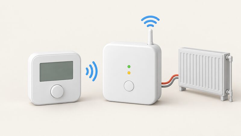 A small white T2 wireless thermostat and its matching R2 receiver unit shown side by side on a plain surface, the receiver slightly larger with a WiFi antenna symbol and a relay switching a heater circuit, the thermostat showing a blank display screen.