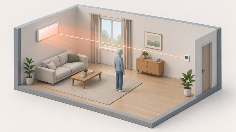 A cutaway room view showing a flat infrared panel high on one wall radiating towards the opposite wall, where a small wireless thermostat is mounted at breathing height, with a simplified figure standing between them to show the clear line of sight across the room.