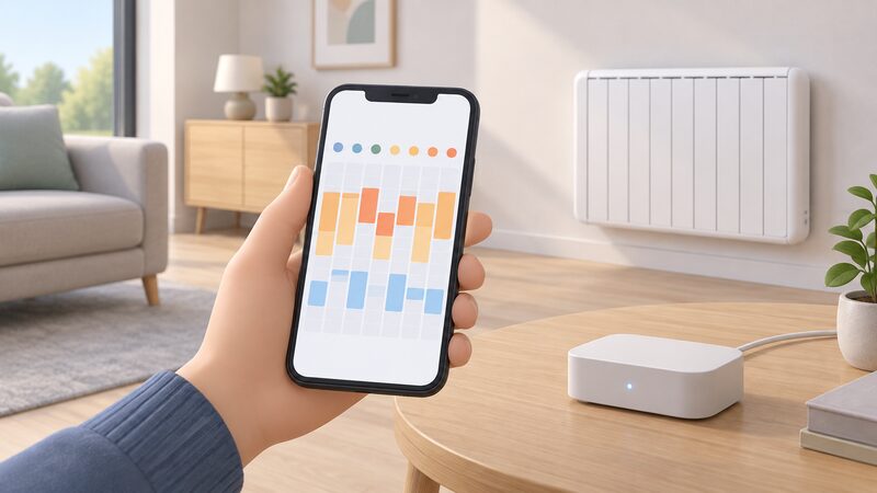 A hand holds a smartphone displaying the Elnur Gabarron WiFi Control App weekly schedule screen, with a grid of seven day columns and plain colour temperature blocks at different times, beside a G-Control Hub on a table with a heater in the background.