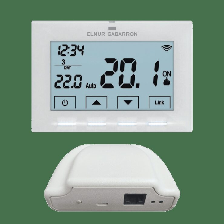 Elnur Gabarron CTM20 WiFi programmable room thermostat shown front and back on a white background