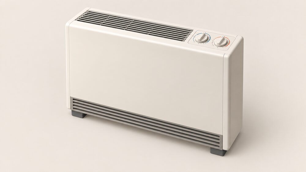 A close-up of a night storage heater with its two control dials visible on the top panel, one input dial and one output dial, drawn plainly and centrally with no other equipment.