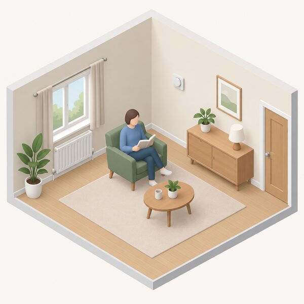 A small wall-mounted room thermostat on an internal wall of a simply furnished room, placed away from the window, radiator and door, with a simplified isometric figure nearby showing the room in ordinary use.
