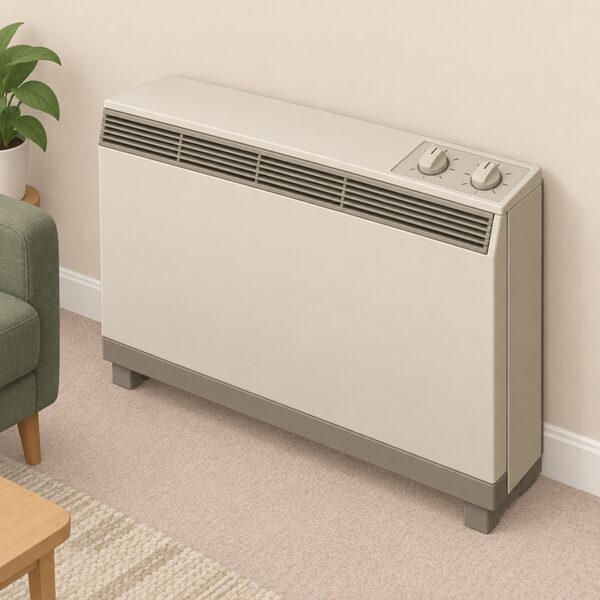 An older storage heater standing against a room wall, shown with its top control panel carrying two round dials, one for input charge and one for output, drawn as plain knobs with simple setting marks and no readable text.