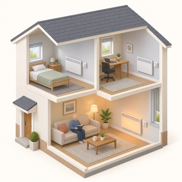 A cutaway two-storey house shown in isometric view with a separate electric panel heater in each of three rooms, each heater fitted with its own small control dial or programmer, one heater glowing warm in an occupied room while the heaters in two unoccupied rooms stay off.