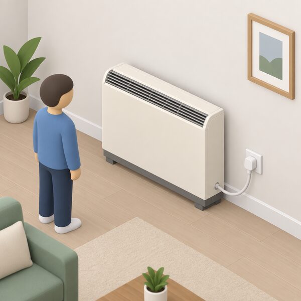 A storage heater standing against a living-room wall, connected by its flex and plug to a wall socket on the household mains supply, with a simplified isometric figure nearby indicating the connection.