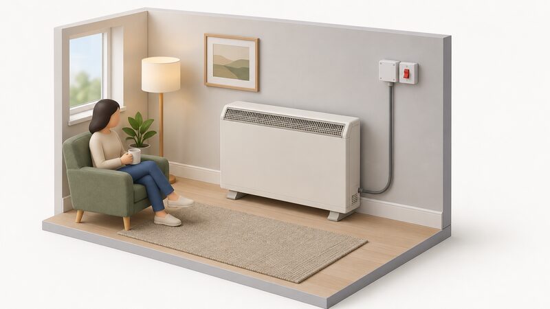 A hard-wired electric storage heater standing against a room wall, its supply cable rising to a wall-mounted connection point with a visible isolation switch beside it, drawn as a simple cutaway interior scene.