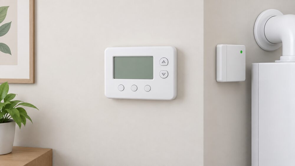 A white programmable room thermostat mounted on an interior wall, shown close up, with a small wireless receiver box on the wall beside a boiler flue terminal visible at the edge of the frame, and no other equipment.