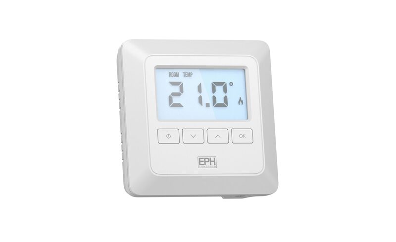 A white EPH digital room thermostat displaying a room temperature of 21.0 degrees