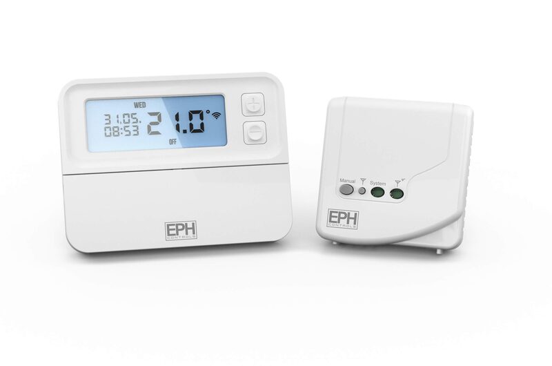 An EPH wireless room thermostat with digital display next to its receiver unit