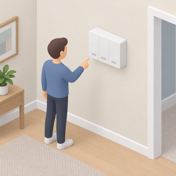 A plain white combi zoning RF control pack for three zones, shown as a single rectangular wall-mounted unit on an interior wall of a UK home, with a small simplified isometric figure standing beside it pointing at its blank control face.