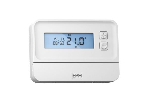 A white EPH Controls CP4M programmable room thermostat with an LCD display showing 21.0 degrees