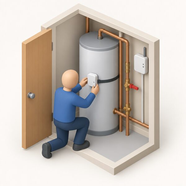 A small isometric figure straps a compact RF cylinder thermostat to the side of a hot water cylinder in an airing cupboard, with the cylinder's pipework and the RF receiver on the wall nearby shown as the wet-side equipment the documents cover.
