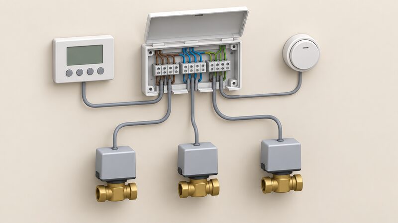 A wiring centre box mounted on a wall with its cover open, several two-port motorised zone valves nearby, and simplified cables running from the box to each valve and to a programmer and cylinder thermostat, showing an S-Plan arrangement.