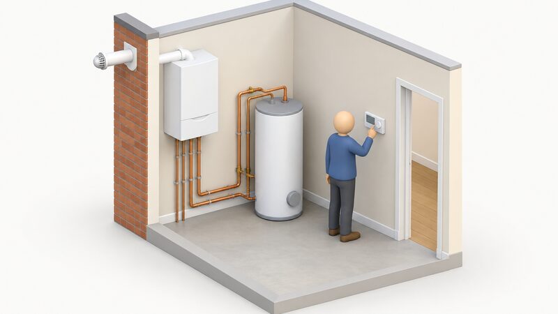 A wall-mounted condensing boiler with its flue passing through an outside wall, a weather compensating control on an adjacent internal wall, and a hot water cylinder nearby, with a small figure adjusting the control.