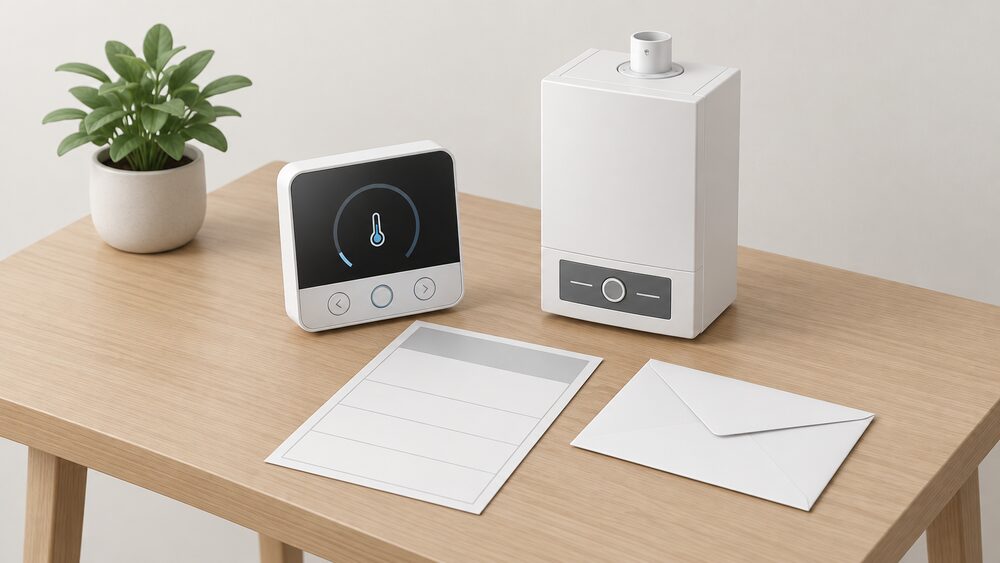 A close tabletop arrangement showing a modern digital room thermostat standing on a small table beside a blank package label fiche and a blank envelope, with a small model of a wall-hung condensing boiler beside it, suggesting the moment a control's class is declared on paperwork.