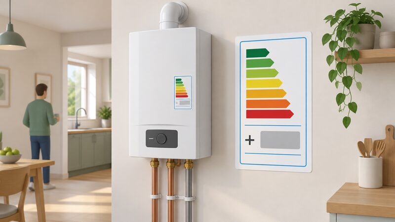 A wall-mounted condensing boiler in a home setting with its ErP energy label shown as a physical sticker, beside a printed package label sheet where the boiler's dark green A colour band sits above a plain block representing the control class contribution.