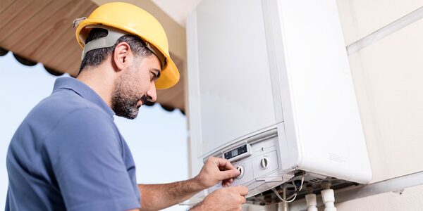 A technician in a yellow hard hat adjusting the controls of a wall-mounted white combi boiler
