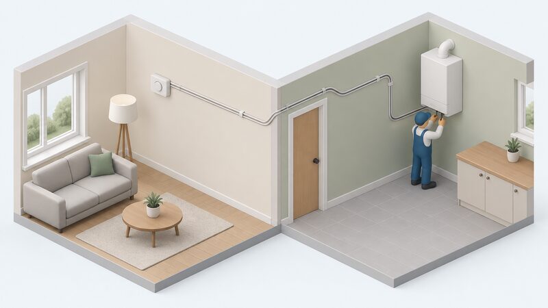 A simplified isometric living-room wall with a room thermostat, and a nearby kitchen wall with a boiler, joined by a single two-wire cable running along the wall surfaces between the two devices, with a small figure fitting the wire at the boiler end.