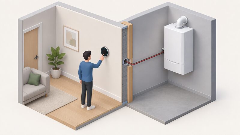 A cutaway room scene showing a wall-mounted smart thermostat hub with a low-voltage two-wire control cable running through the wall to a wall-hung combi boiler, the connection highlighted as a direct communication link between the two devices.