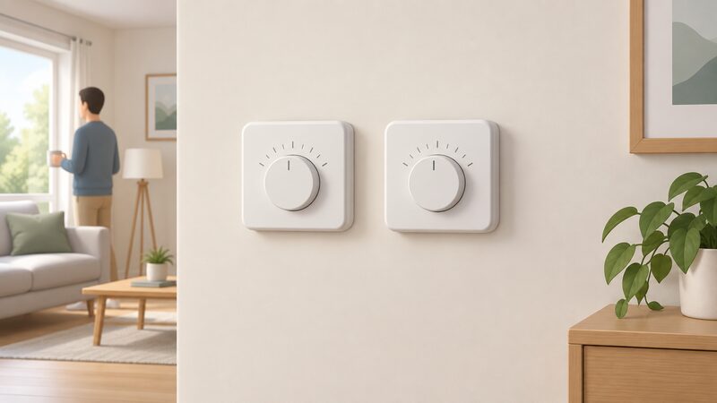 A plain wall inside a home with two controls mounted side by side: a simple room thermostat and a weather or load compensating control, drawn as similar-looking boxes so the picture shows the class reflects what the control tells the boiler, not its appearance.