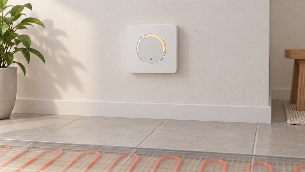 A square white mains-wired wall thermostat, about 95 by 95 mm, mounted flat on an interior wall of a dry room above a tiled floor with warm water underfloor heating loops beneath, shown close up with no other equipment.