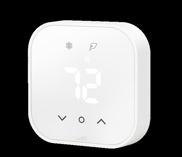A white Eve smart thermostat displaying a set temperature of 72 degrees