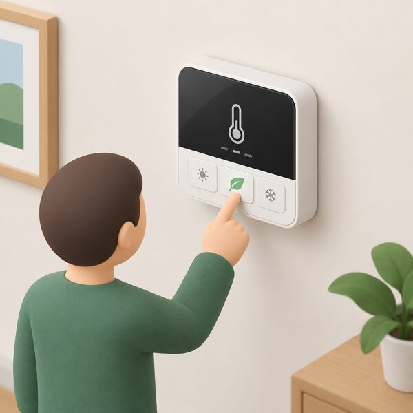 A close-up of a wall-mounted Eve thermostat with a simplified isometric figure's finger pressing the Eco Mode preset button directly on the device, shown working on its own without any phone, app or network connection.