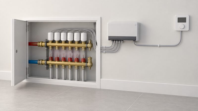 An open underfloor heating manifold cabinet with white 230 V actuators on its valve ports and a wiring centre beside it, connected by a length of cable to a wall thermostat mounted nearby.