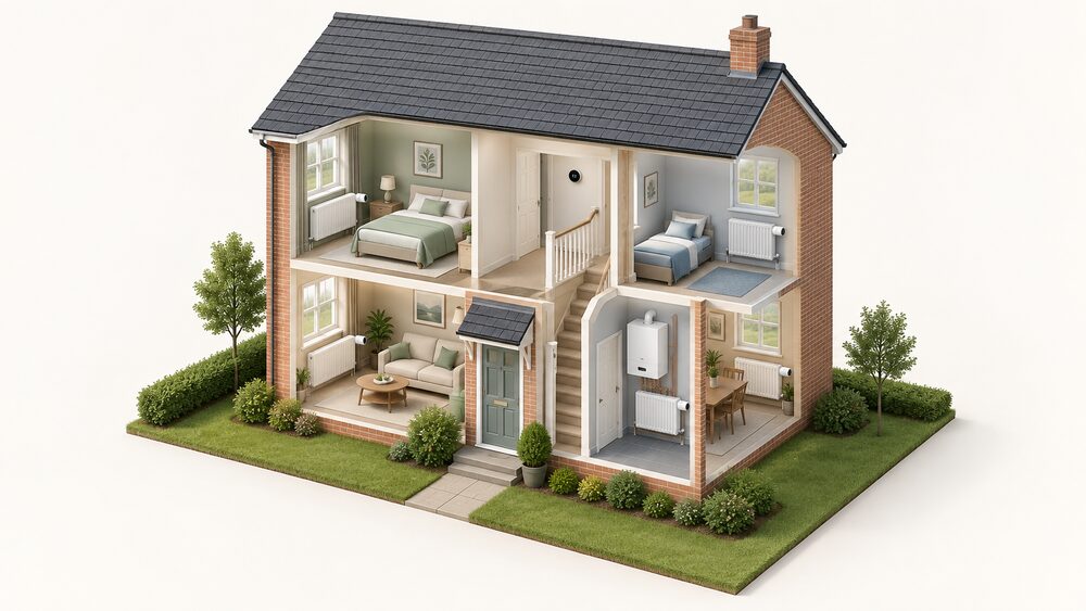 A cutaway of a two-storey house showing radiators in several separate rooms each fitted with a smart radiator valve head, one wall-mounted smart thermostat in the hall, and a boiler connected to the radiators.