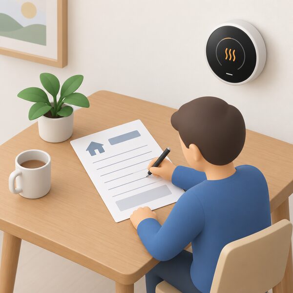 A warranty registration form for a heating control lies on a household table beside a wall-mounted smart thermostat and a pen, with a small simplified figure completing the blank-lined form, its content shown only as blank lines and plain blocks.