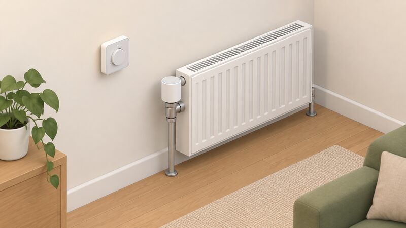 A small wall-mounted zoning controller on an interior wall beside a domestic radiator fitted with a smart radiator valve head on its valve body, drawn as a simple isometric corner of a room.