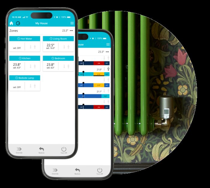 Two phones displaying the Genius Hub smart heating app zones screen next to a green radiator with a smart valve