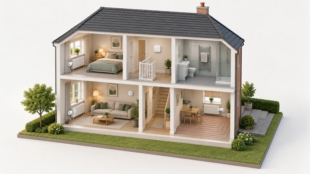 A cutaway two-storey house showing a small central hub unit on an upstairs landing wall, smart radiator valves on radiators in several rooms, a heated towel rail in the bathroom, and an occupancy sensor on a living room wall, all part of one room-by-room zoning system.