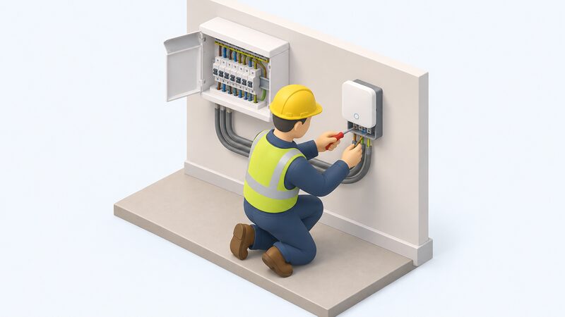A qualified electrician kneels beside an open consumer unit, connecting fixed wiring from it into a wall-mounted heating control hub fitted on a back box, with stripped cable ends and a screwdriver in use.