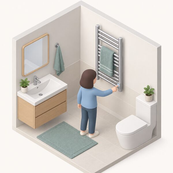 A simplified isometric view of an electric towel radiator mounted on a bathroom wall, with a small figure reaching to press its push-to-heat button, showing the electrically heated rail as one of the heater types the zoning system can control.