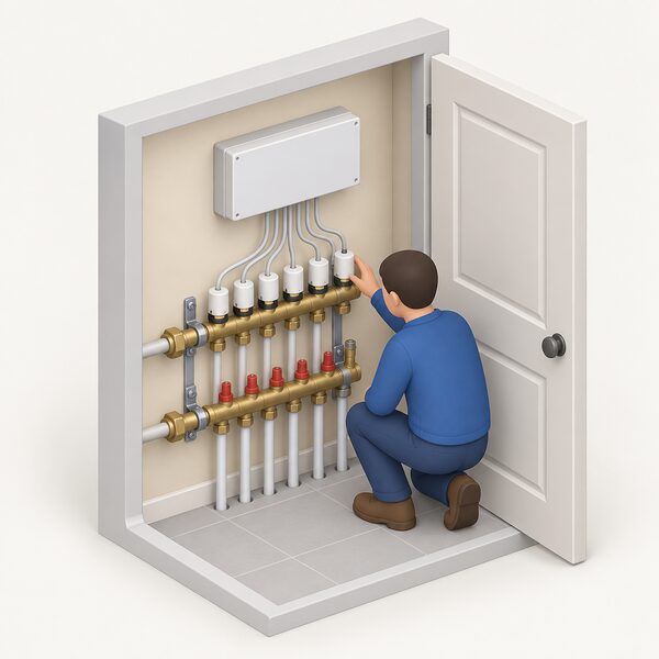 A wall-mounted underfloor heating manifold with several loop valves and a wiring centre box beside it, its cables running to the manifold actuators, shown in a utility cupboard with a small isometric figure inspecting the connections.