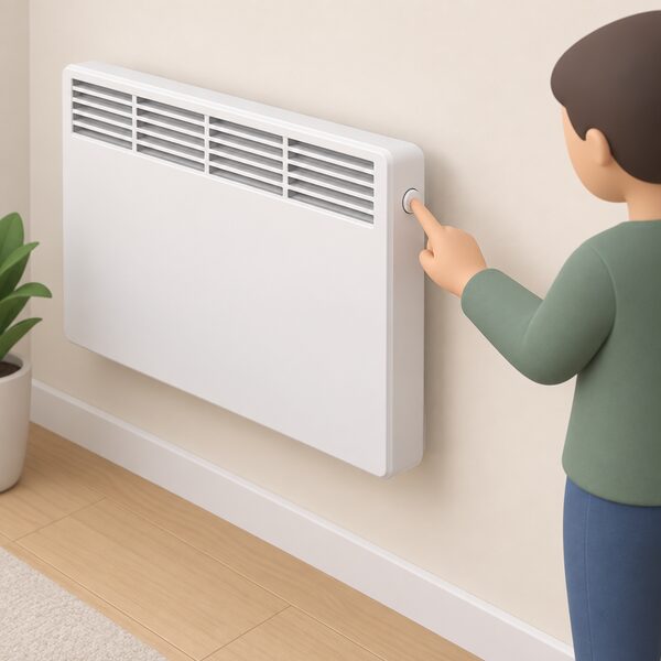 A close-up of a hand pressing a press-to-boost button on the casing of an electric heater mounted on a room wall, showing that local control at the heater itself is preserved alongside the smart zoning system.