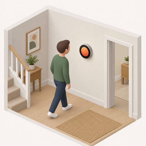 A round Google Nest Learning Thermostat (Gen 3) mounted on an interior wall of a UK home, its circular dial lit with a plain temperature display and no readable words or brand marks, with a small isometric figure glancing at it as they pass.