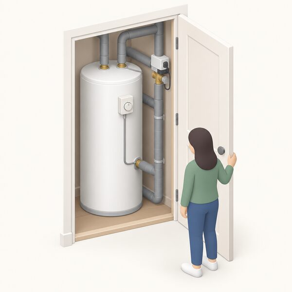 A white insulated hot water cylinder standing in a home airing cupboard, with its pipework, motorised valve and cylinder thermostat visible, and a small isometric figure opening the cupboard door to look at it.
