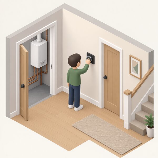 A small simplified isometric figure stands in a home hallway reaching to turn the dial of a wall-mounted smart thermostat, with a plain boiler and pipework visible in the background to show the thermostat controlling the household heating.