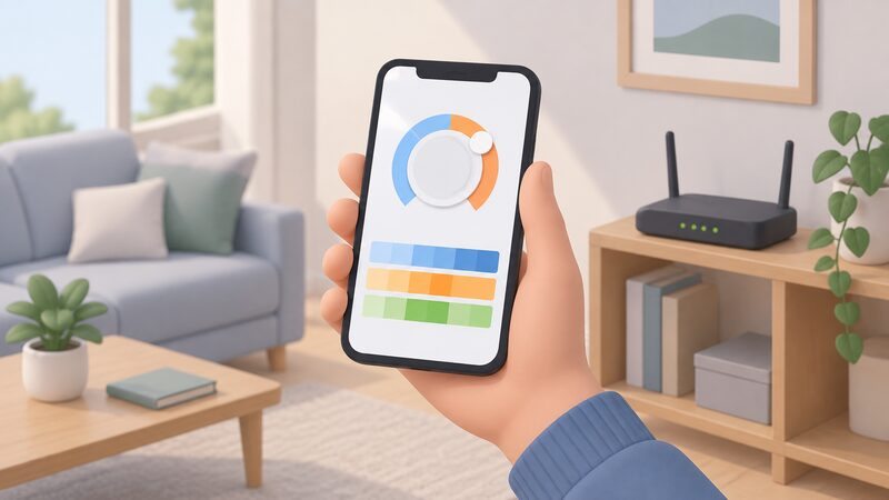 A hand holding a smartphone in a home setting, its screen showing a plain circular thermostat temperature dial above a simple schedule of colour bands, with a broadband router visible nearby on a shelf.