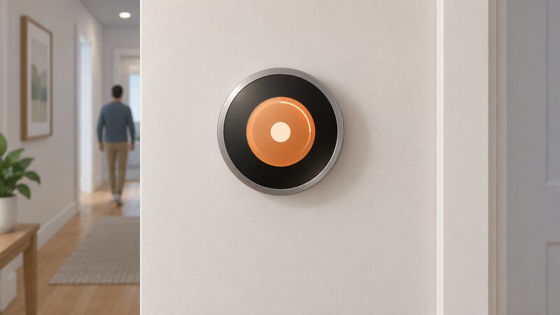 A round Nest Learning Thermostat with a stainless steel outer ring mounted on an interior hallway wall, its circular display lit to show the current room temperature, drawn as a simple close-up of the wall with a hint of hallway around it.