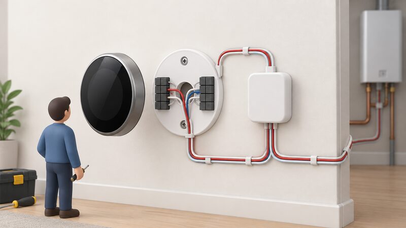 A Nest thermostat removed from its wall plate with the plate's wiring terminals exposed, showing the labelled connections for heating and power, with a Nest Power Connector unit wired nearby on the wall.