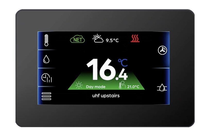 A Grant Aerona Smart Controller heating thermostat with a touchscreen showing 16.4°C, day mode and UHF upstairs settings