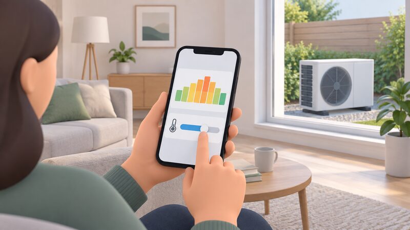 A hand holding a smartphone in a home interior, the screen showing a plain tariff graph as simple colour bands and a flow temperature setting as a blank slider, with an air source heat pump unit visible outside a window to show the software controlling it.