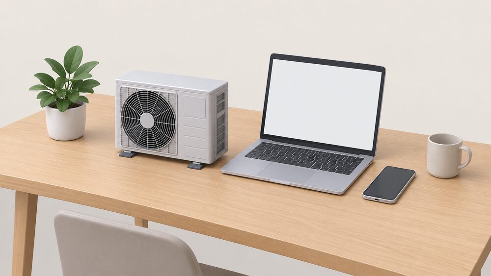 On a table, a small model of an outdoor monobloc air source heat pump unit stands beside an open laptop with a blank screen and a smartphone, representing software control of an already-installed heat pump with no extra hardware.