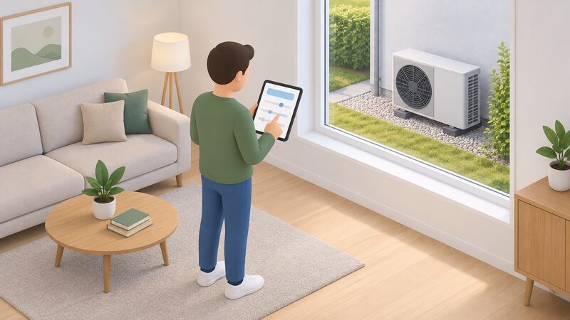 A simplified homeowner stands indoors holding a tablet showing a plain settings screen, looking toward a window through which an outdoor heat pump unit is visible against the house wall, with no tools or wiring present.